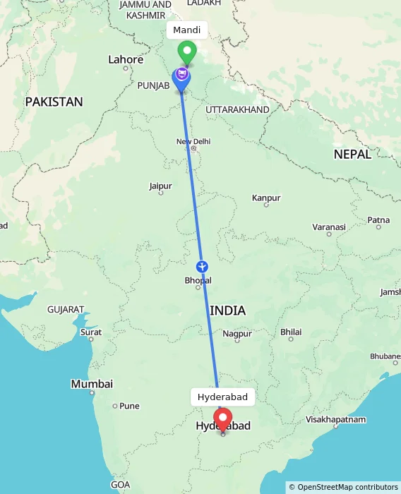Route map showing distance and travel time from Mandi, India to Hyderabad, India