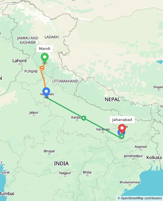 Route map showing distance and travel time from Mandi, India to Jahanabad, India