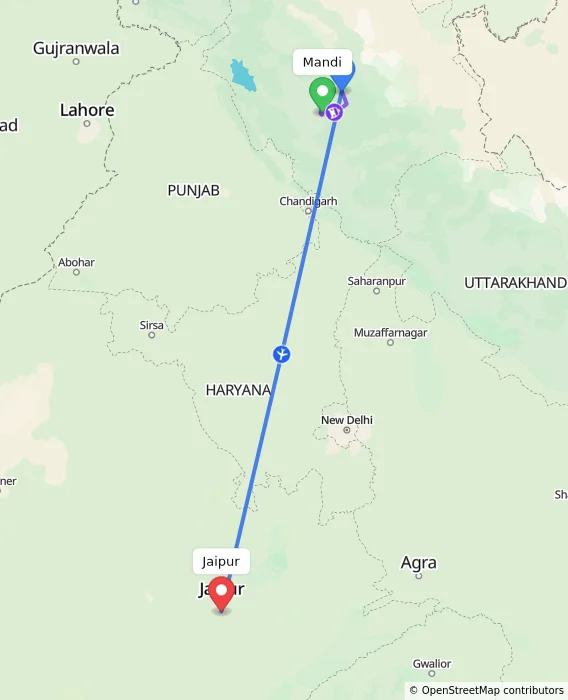 Route map showing distance and travel time from Mandi, India to Jaipur, India