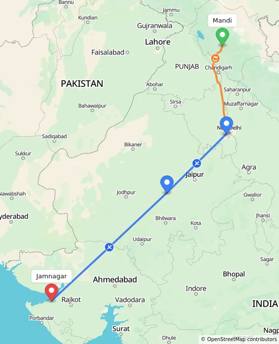 Route map showing distance and travel time from Mandi, India to Jamnagar, India