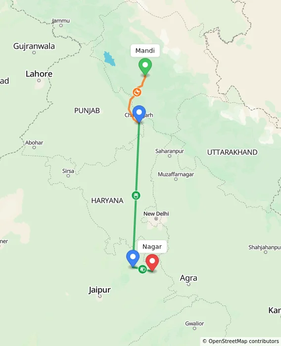 Route map showing distance and travel time from Mandi, India to Nagar, India