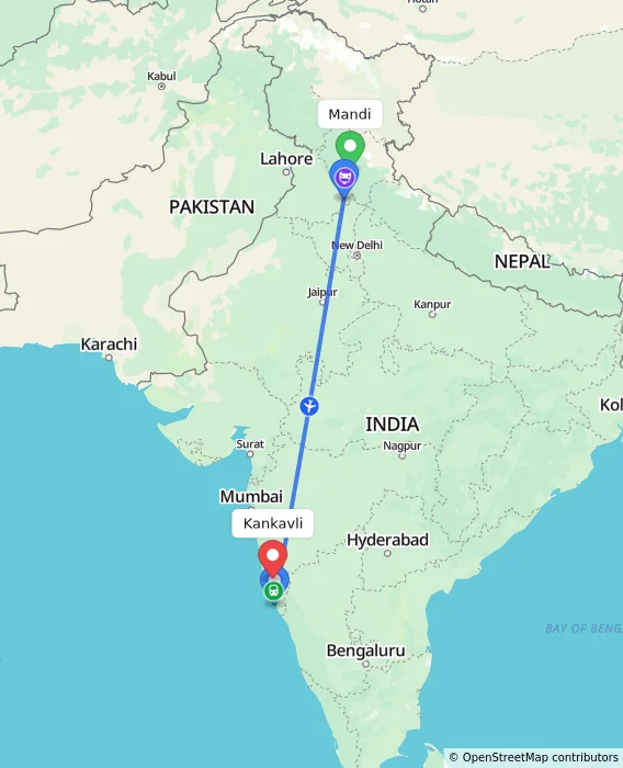 Route map showing distance and travel time from Mandi, India to Kankavli, India