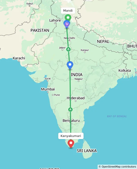 Route map showing distance and travel time from Mandi, India to Kanyakumari, India