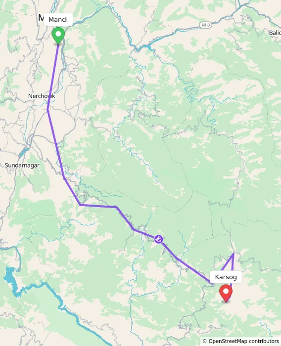 Route map showing distance and travel time from Mandi, India to Karsog, India
