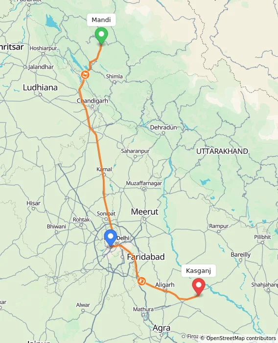 Route map showing distance and travel time from Mandi, India to Kasganj, India