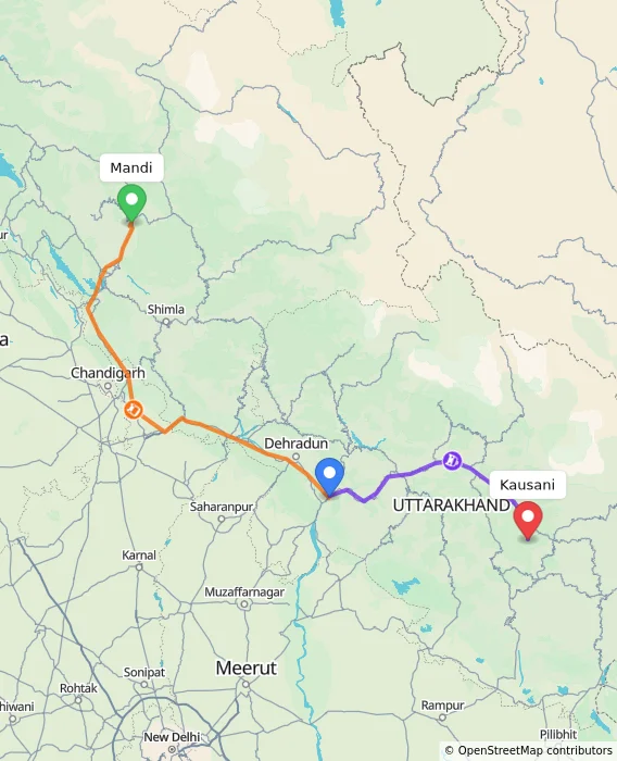 Route map showing distance and travel time from Mandi, India to Kausani, India