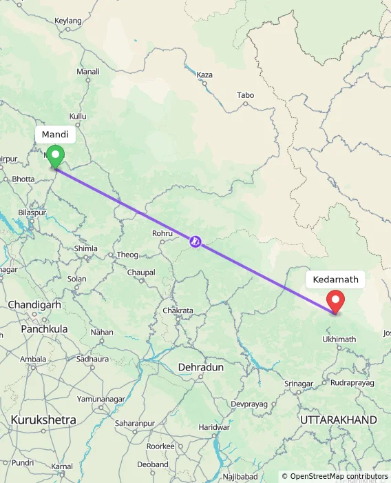 Route map showing distance and travel time from Mandi, India to Kedarnath, India