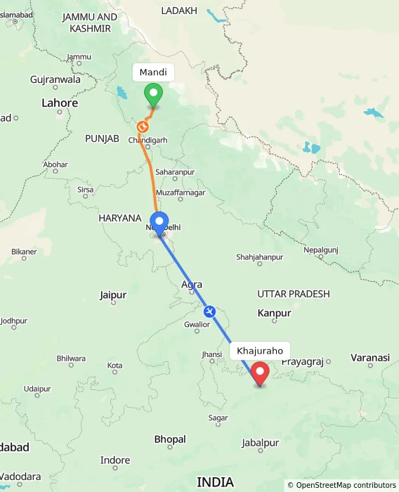 Route map showing distance and travel time from Mandi, India to Khajuraho, India