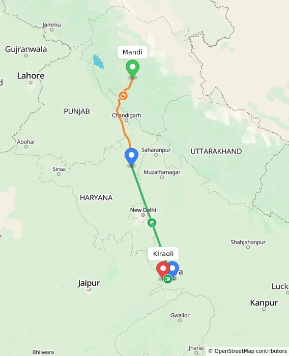 Route map showing distance and travel time from Mandi, India to Kiraoli, India