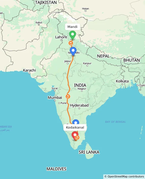 Route map showing distance and travel time from Mandi, India to Kodaikanal, India