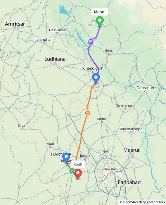 Route map showing distance and travel time from Mandi, India to Kosli, India