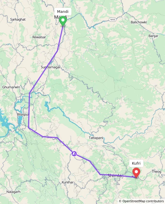 Route map showing distance and travel time from Mandi, India to Kufri, India