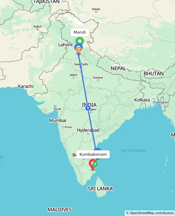 Route map showing distance and travel time from Mandi, India to Kumbakonam, India