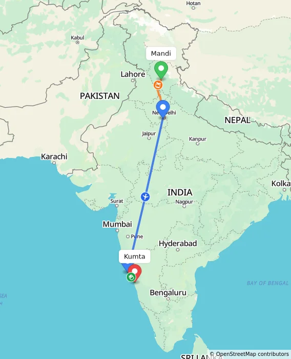 Route map showing distance and travel time from Mandi, India to Kumta, India