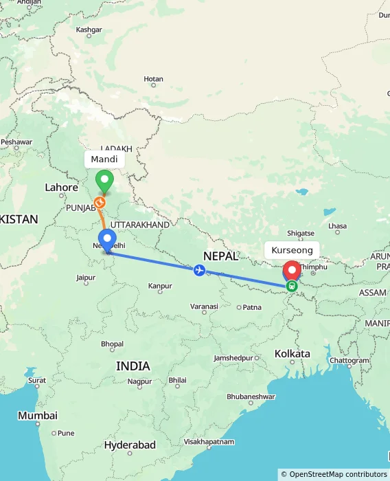 Route map showing distance and travel time from Mandi, India to Kurseong, India