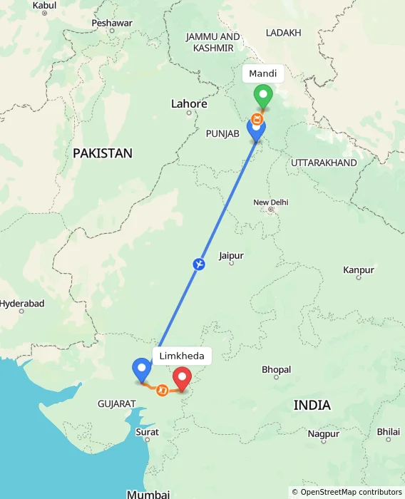 Route map showing distance and travel time from Mandi, India to Limkheda, India