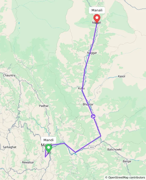 Route map showing distance and travel time from Mandi, India to Manali, India