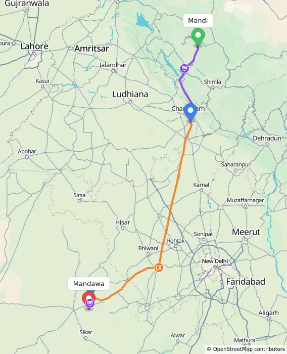 Route map showing distance and travel time from Mandi, India to Mandawa, India