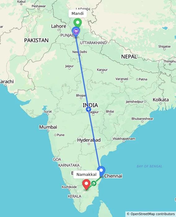 Route map showing distance and travel time from Mandi, India to Namakkal, India