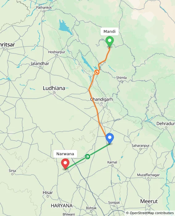 Route map showing distance and travel time from Mandi, India to Narwana, India