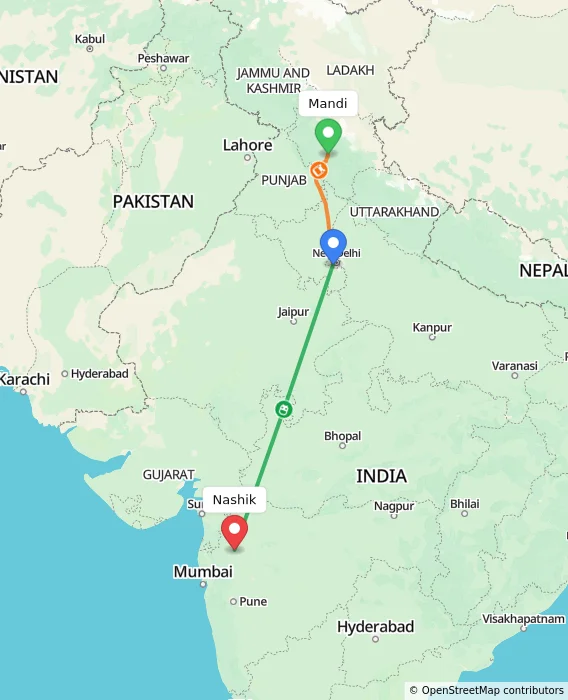 Route map showing distance and travel time from Mandi, India to Nashik, India