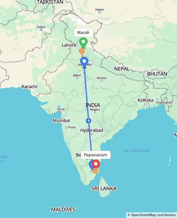 Route map showing distance and travel time from Mandi, India to Papanasam, India