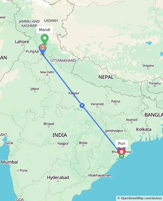 Route map showing distance and travel time from Mandi, India to Puri, India
