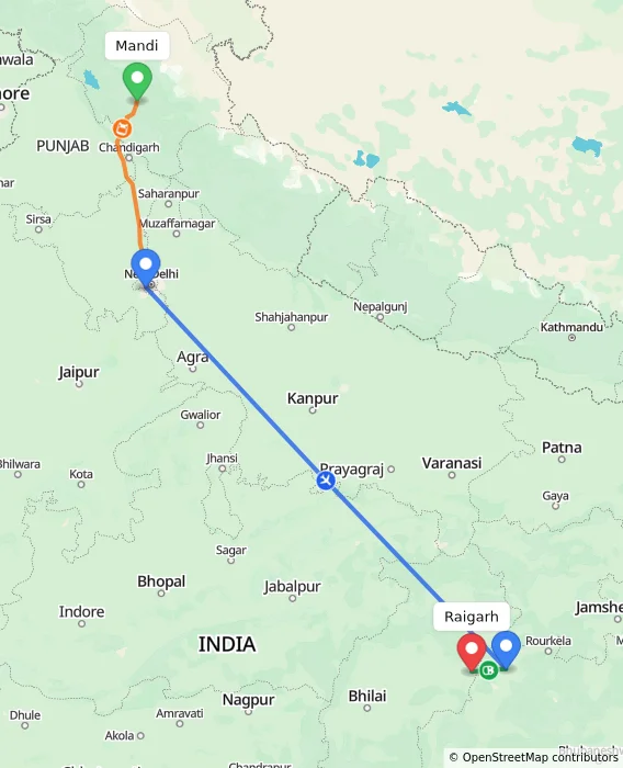 Route map showing distance and travel time from Mandi, India to Raigarh, India