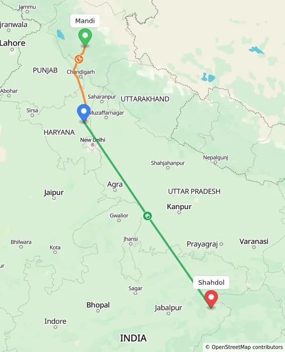 Route map showing distance and travel time from Mandi, India to Shahdol, India