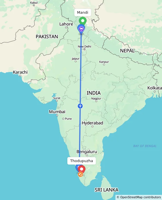 Route map showing distance and travel time from Mandi, India to Thodupuzha, India