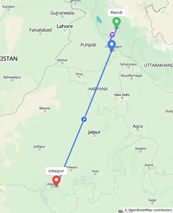 Route map showing distance and travel time from Mandi, India to Udaipur, India