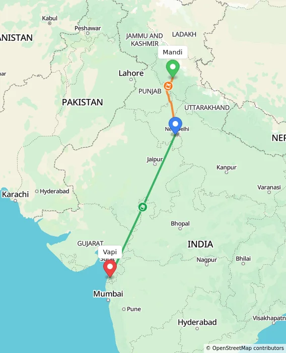 Route map showing distance and travel time from Mandi, India to Vapi, India