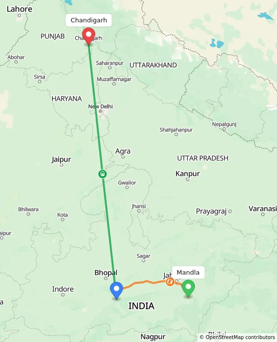 Route map showing distance and travel time from Mandla, India to Chandigarh, India