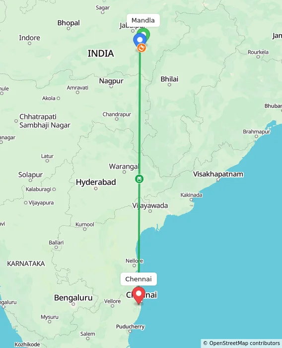 Route map showing distance and travel time from Mandla, India to Chennai, India