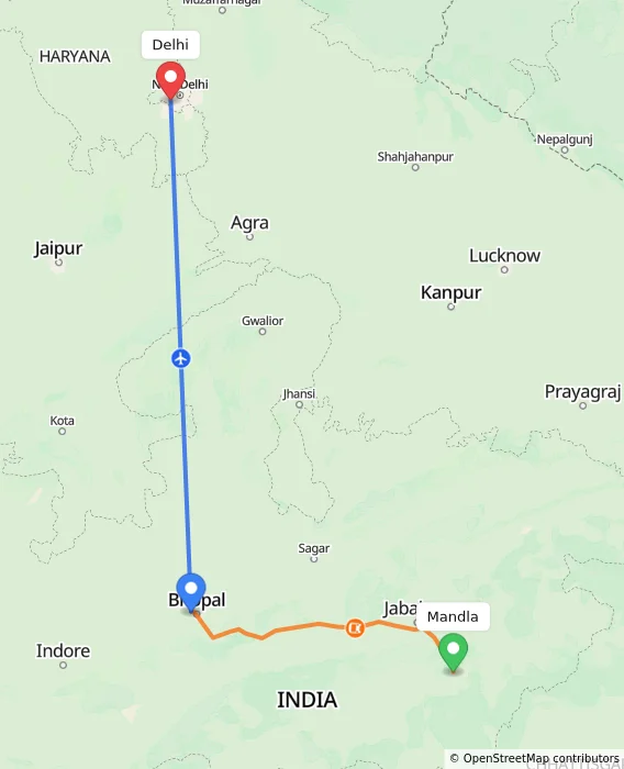 Route map showing distance and travel time from Mandla, India to Delhi, India
