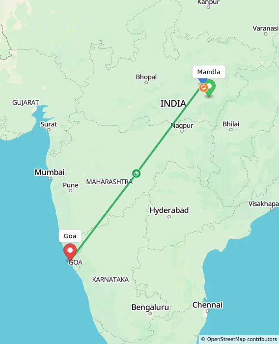 Route map showing distance and travel time from Mandla, India to Goa, India