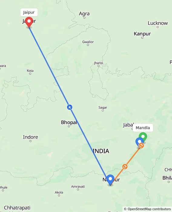 Route map showing distance and travel time from Mandla, India to Jaipur, India