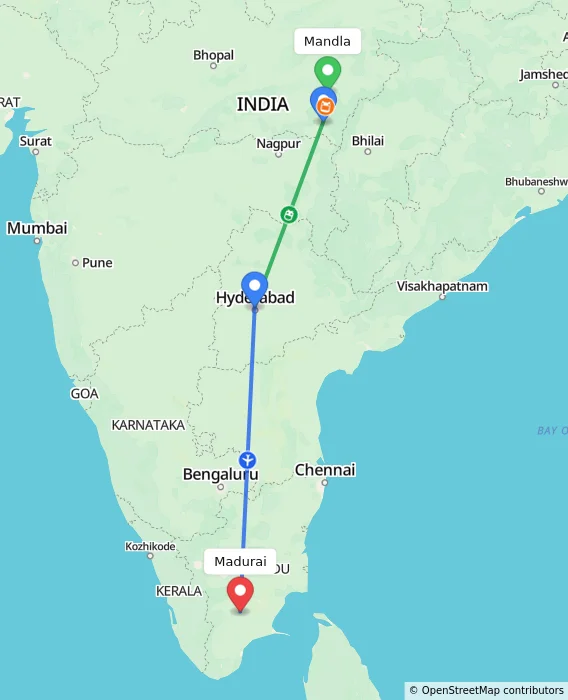 Route map showing distance and travel time from Mandla, India to Madurai, India
