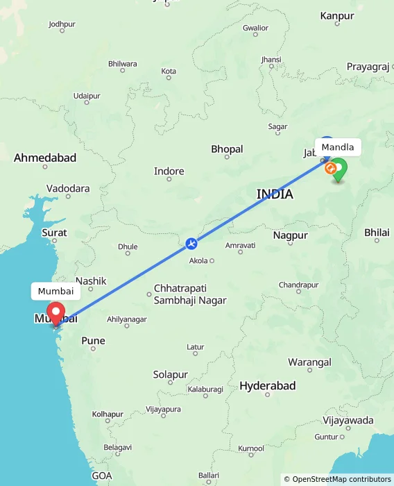 Route map showing distance and travel time from Mandla, India to Mumbai, India