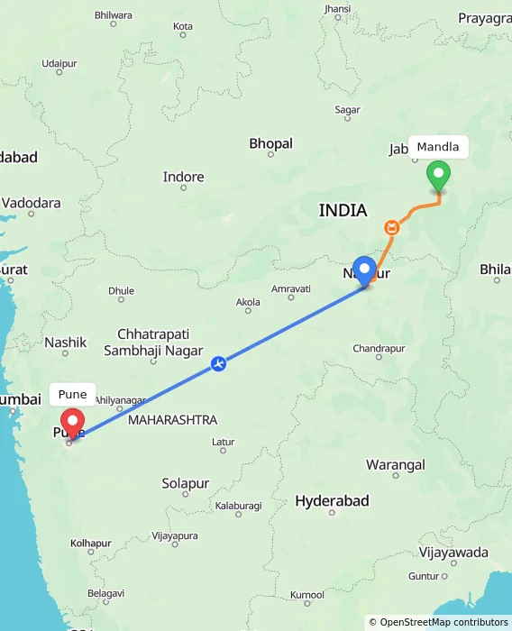Route map showing distance and travel time from Mandla, India to Pune, India