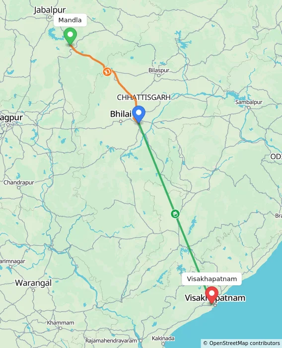 Route map showing distance and travel time from Mandla, India to Visakhapatnam, India