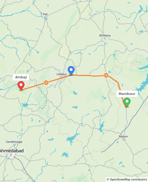 Route map showing distance and travel time from Mandsaur, India to Ambaji, India