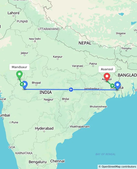 Route map showing distance and travel time from Mandsaur, India to Asansol, India