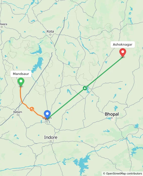 Route map showing distance and travel time from Mandsaur, India to Ashoknagar, India