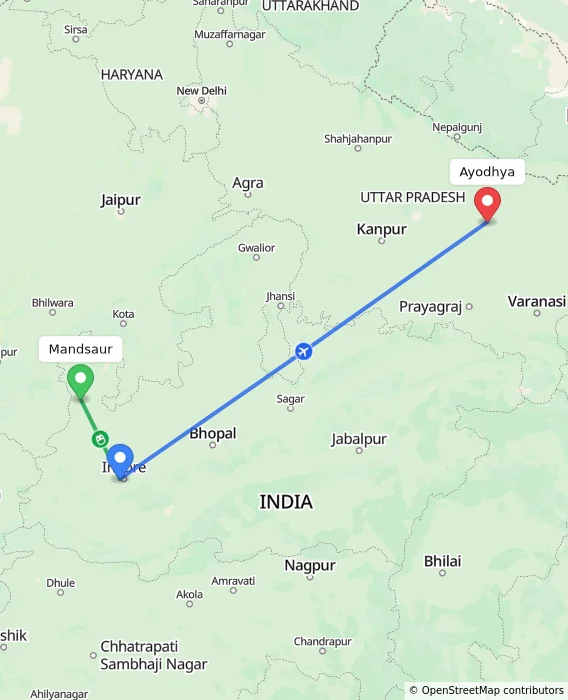 Route map showing distance and travel time from Mandsaur, India to Ayodhya, India