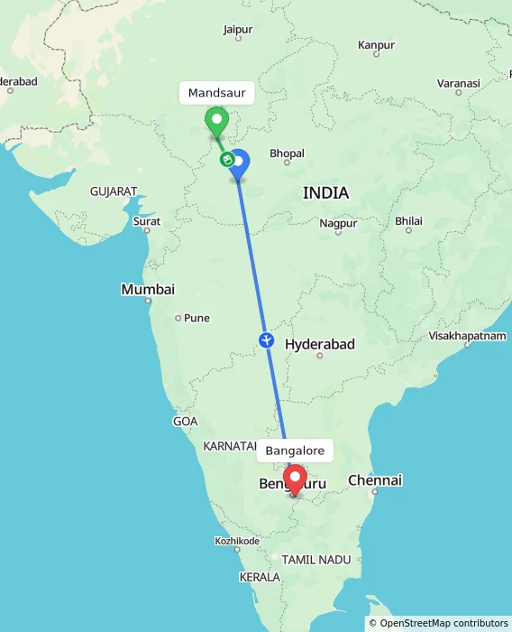 Route map showing distance and travel time from Mandsaur, India to Bangalore, India