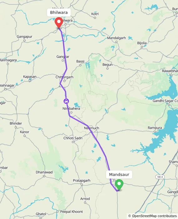 Route map showing distance and travel time from Mandsaur, India to Bhilwara, India