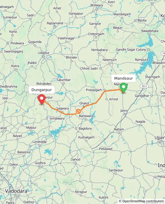 Route map showing distance and travel time from Mandsaur, India to Dungarpur, India