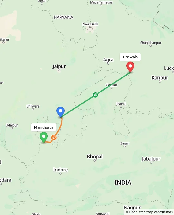 Route map showing distance and travel time from Mandsaur, India to Etawah, India