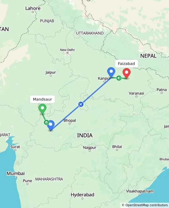 Route map showing distance and travel time from Mandsaur, India to Faizabad, India